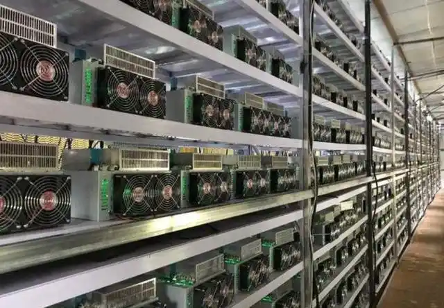 A bustling mining farm with rows of mining rigs